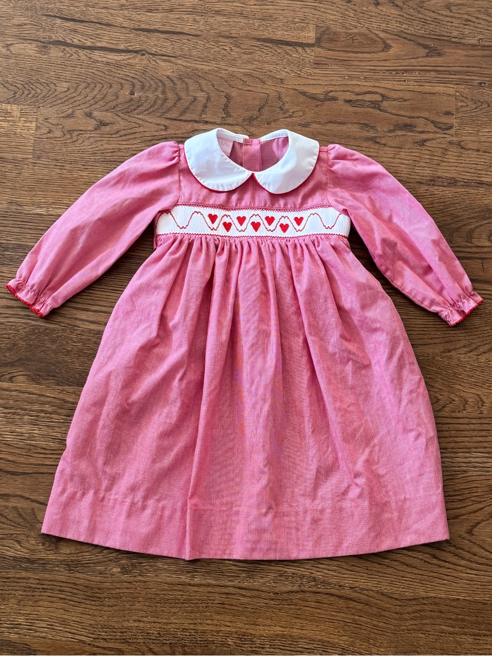 Petit Bebe Red Gingham Smocked Dress With Embroidered Heart Details